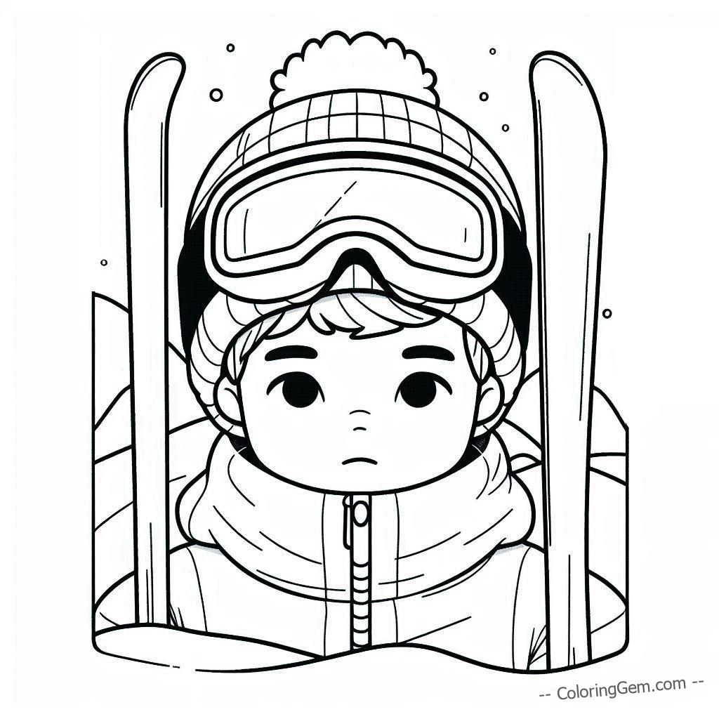 Skiing boy winter portrait coloring page