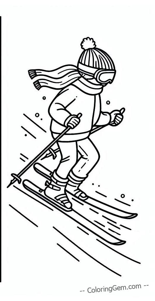 Skiing girl speeds downhill coloring page