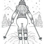 Skiing girl in snowy forest coloring page