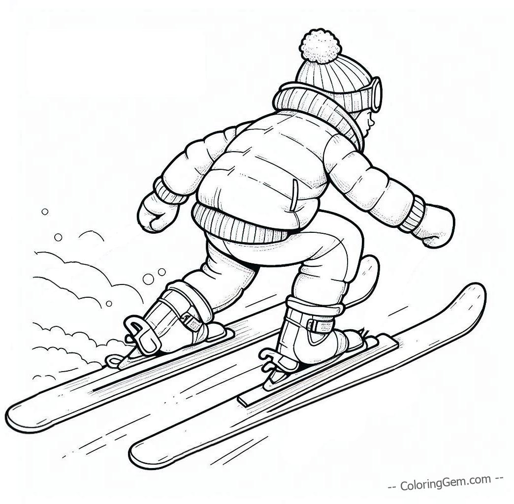 Skiing girl snow fun coloring page for kids