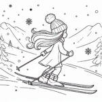 Skiing girl snowflakes coloring page