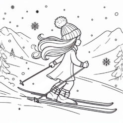 Skiing girl snowflakes coloring page