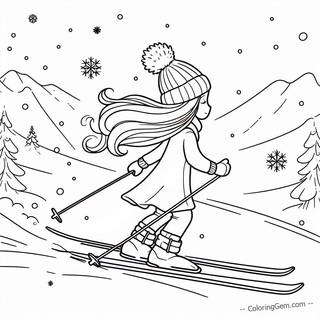 Skiing girl snowflakes coloring page