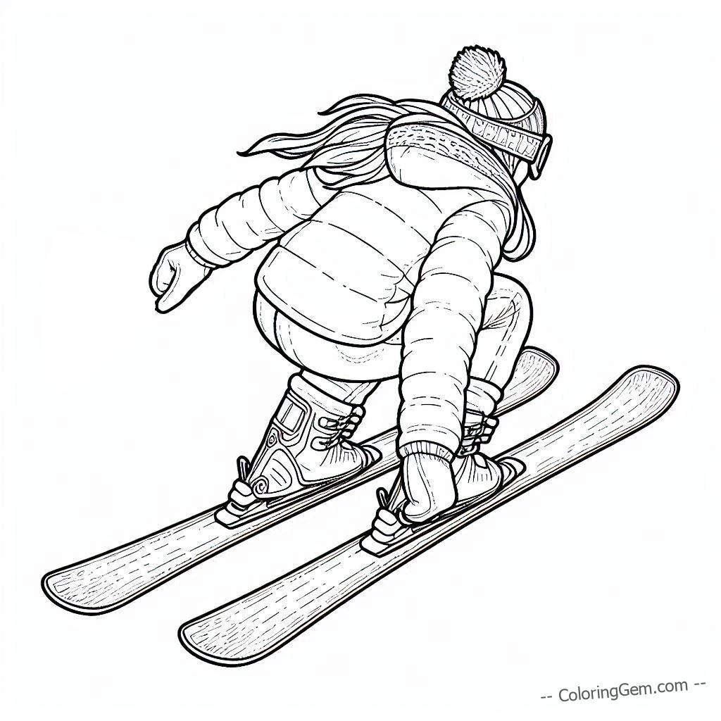 Skiing girl uphill coloring page