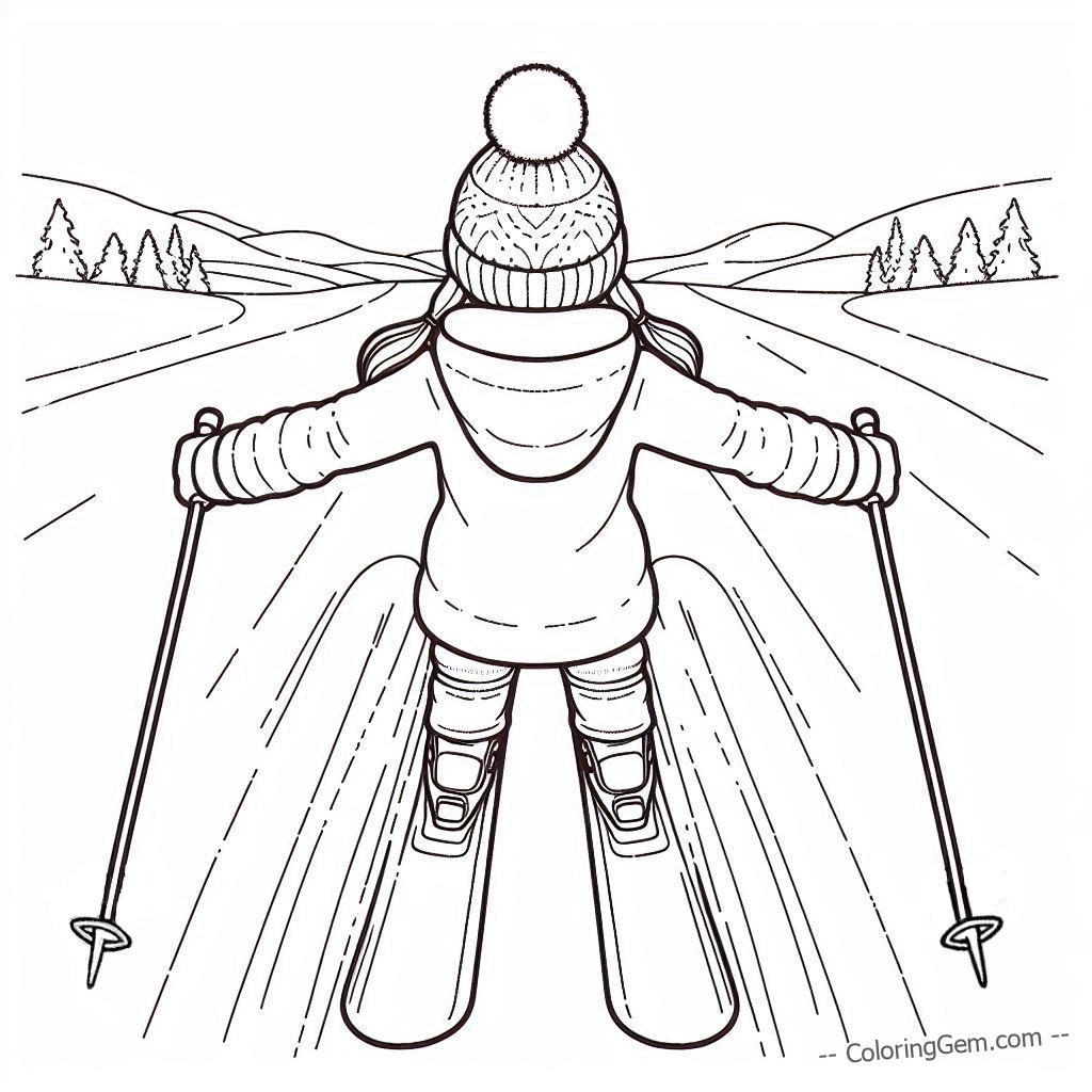 Skiing girl winter coloring page for kids
