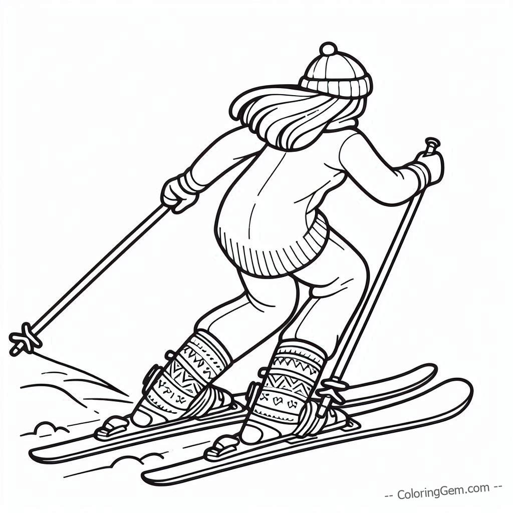 Skiing girl snowy winter coloring page