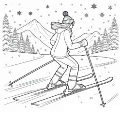 Skiing woman in snowflake forest coloring page for adults