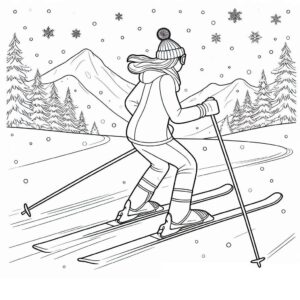 Skiing woman in snowflake forest coloring page for adults coloring page