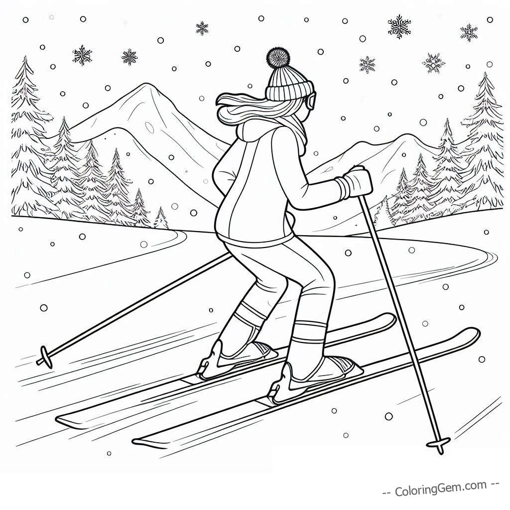 Skiing woman in snowflake forest coloring page for adults