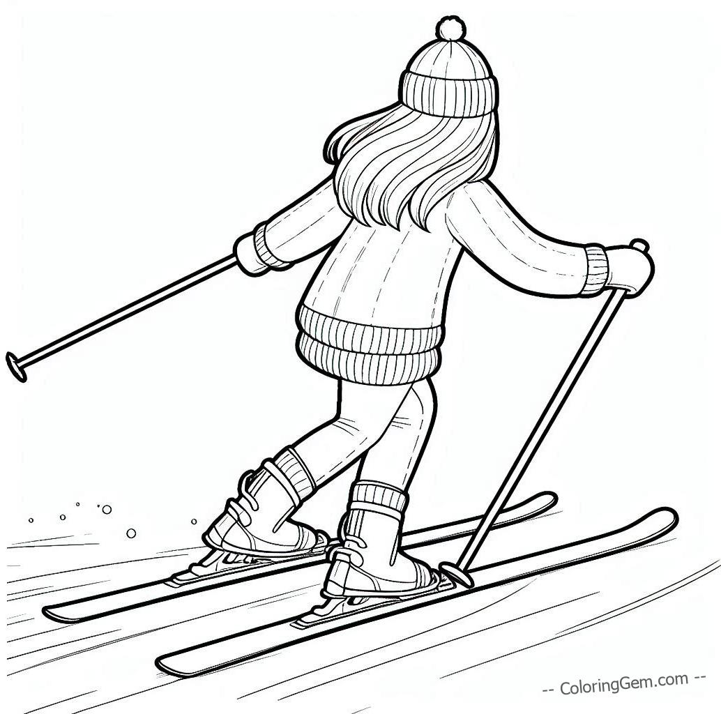 Skilled girl skiing coloring page