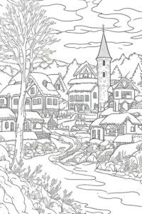 Snowy village, ancient stone meets winter coloring page