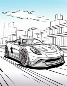 Sports car speeds, skyscraper shadow coloring page