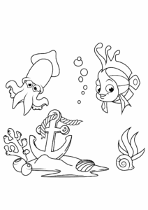 Squid, clownfish, anchor: underwater friendship coloring page