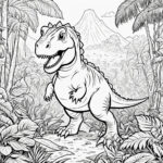 T-rex stalks jungle, volcano looms