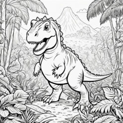 T-rex stalks jungle, volcano looms