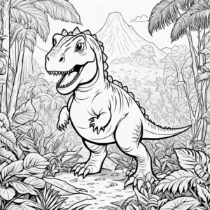 T-rex stalks jungle, volcano looms coloring page