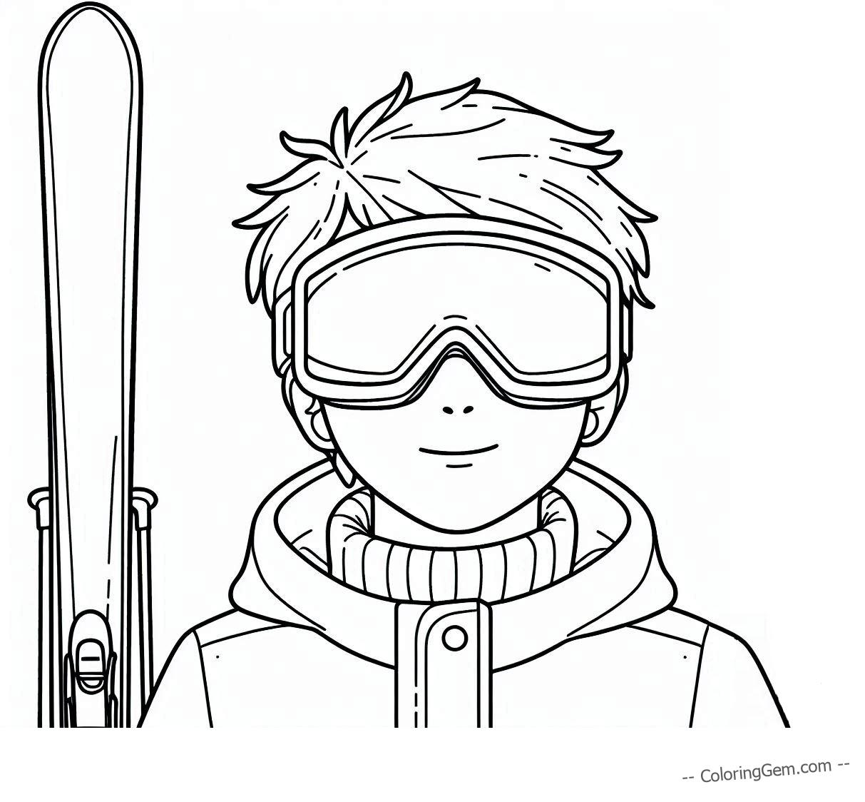 Teen boy skiing portrait coloring page