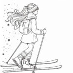 Teen girl skiing falling snowflakes coloring page