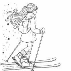 Teen girl skiing falling snowflakes coloring page