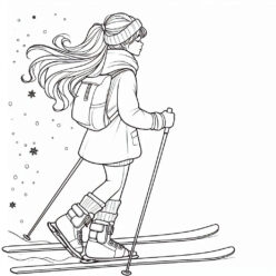 Teen girl skiing falling snowflakes coloring page Teen girl skiing falling snowflakes coloring page
