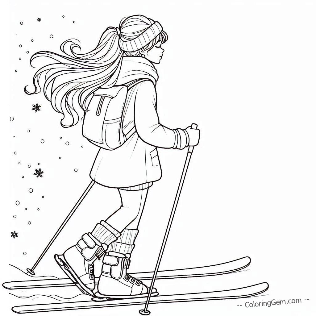 Teen girl skiing falling snowflakes coloring page