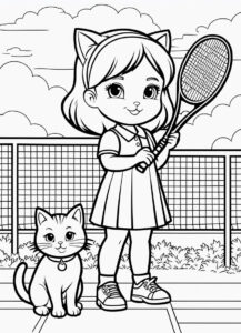 Tennis girl & cat, a winning duo coloring page