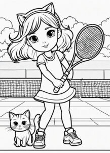 Tennis girl & cat, a winning duo coloring page