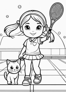 Girl, cat playing tennis coloring page coloring page