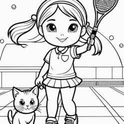 Girl, cat playing tennis coloring page Tennis girl & cat, a winning duo