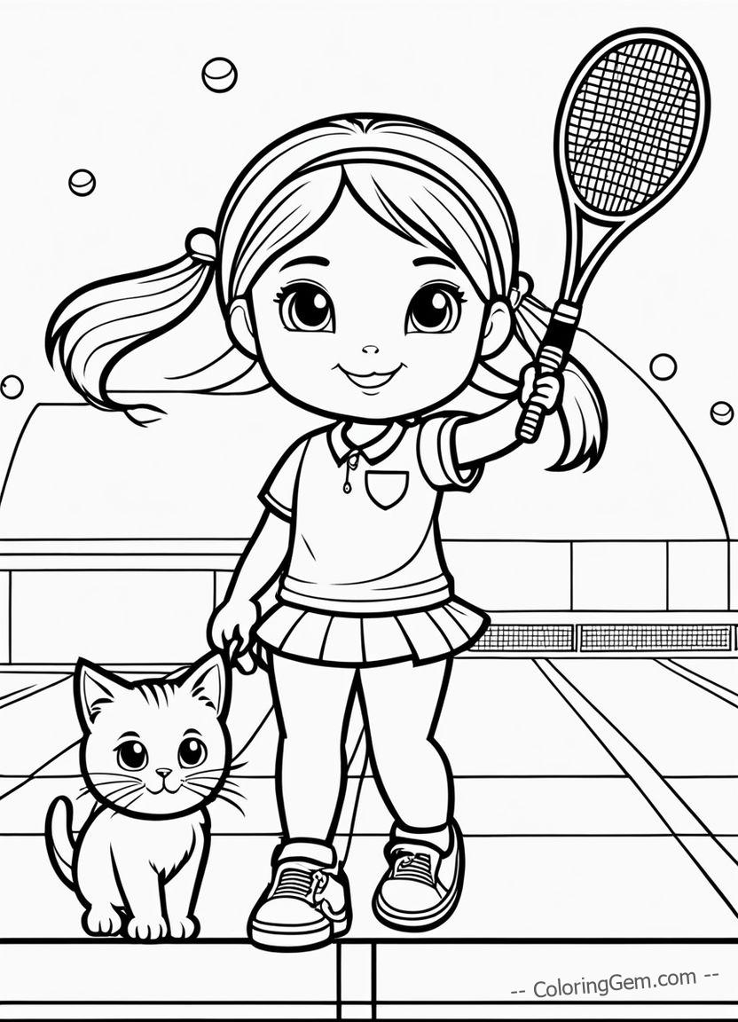 Girl, cat playing tennis coloring page