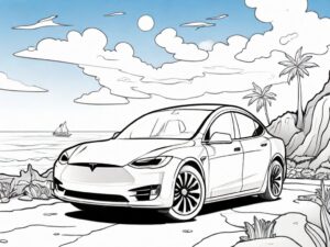 Tesla coastline drive: sun-kissed luxury coloring page