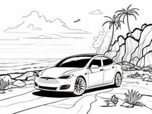 Tesla on the open road: sun-kissed drive coloring page