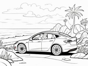 Tesla road trip: coastal paradise awaits coloring page