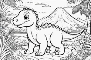 Tiny dino gazes at erupting volcano coloring page