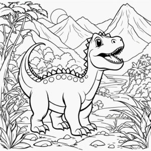 Tiny dino explores lush jungle dawn coloring page