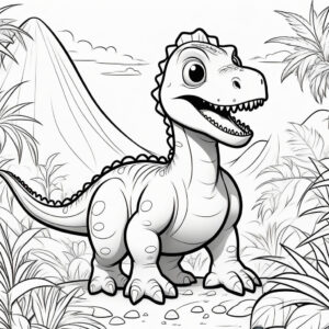 Tiny dino roars in lush thicket coloring page