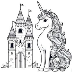 Unicorn and castle coloring page