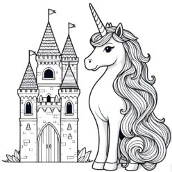 Unicorn and castle coloring page Unicorn and castle coloring page