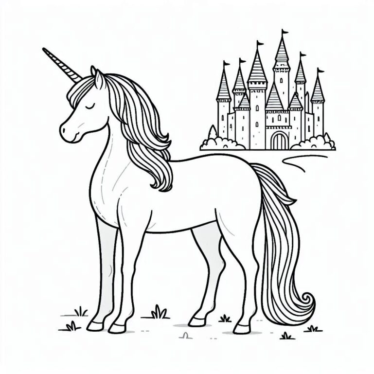 Unicorn and castle coloring page Free printable sheet