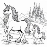 Unicorn, mom, baby, castle coloring page