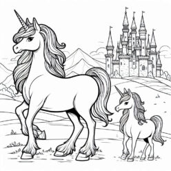 Unicorn, mom, baby, castle coloring page Unicorn, mom, baby, castle coloring page