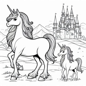 Unicorn, mom, baby, castle coloring page coloring page