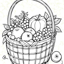 Fruits & flowers in basket coloring page Vibrant fruits & flowers in woven basket