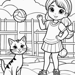 Cat and girl volleyball coloring page Volleyball, cat & girl's epic play