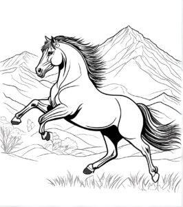 Wild horse against mountains coloring page coloring page