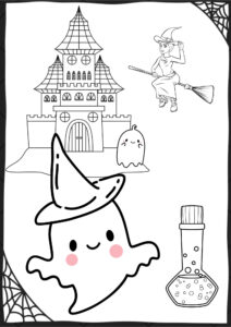 Witch, potion, and castle: a mystical scene coloring page