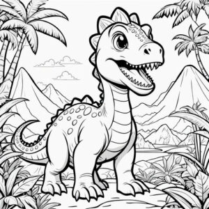 Young dinosaur roars in lush habitat coloring page