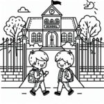 Boy meets friend at school gate coloring page