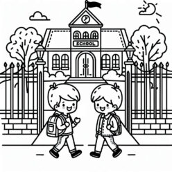 Boy meets friend at school gate coloring page