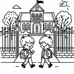 Boy meets friend at school gate coloring page coloring page